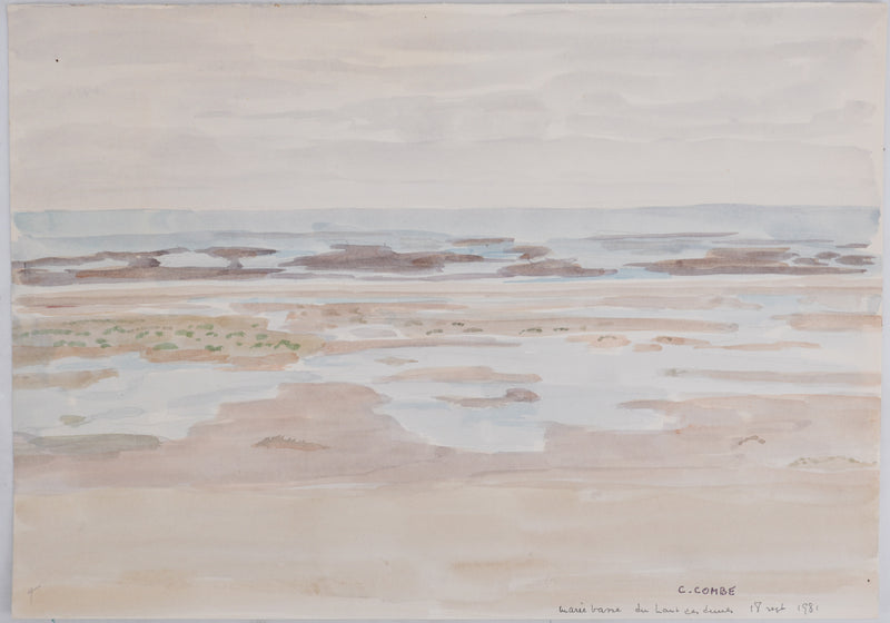 Camille COMBE : Marée basse du haut des dunes, Aquarelle originale signée
