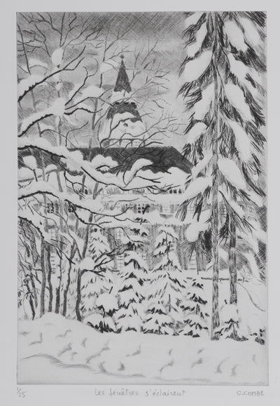 Camille COMBE : Les fenêtres s'éclairent, Gravure originale signée
