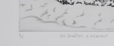 Camille COMBE : Les fenêtres s'éclairent, Gravure originale signée