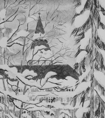 Camille COMBE : Les fenêtres s'éclairent, Gravure originale signée