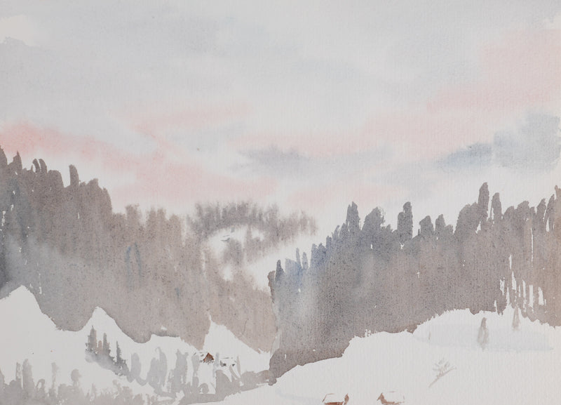 Camille COMBE : Ciel rose en montagne, Aquarelle originale signée