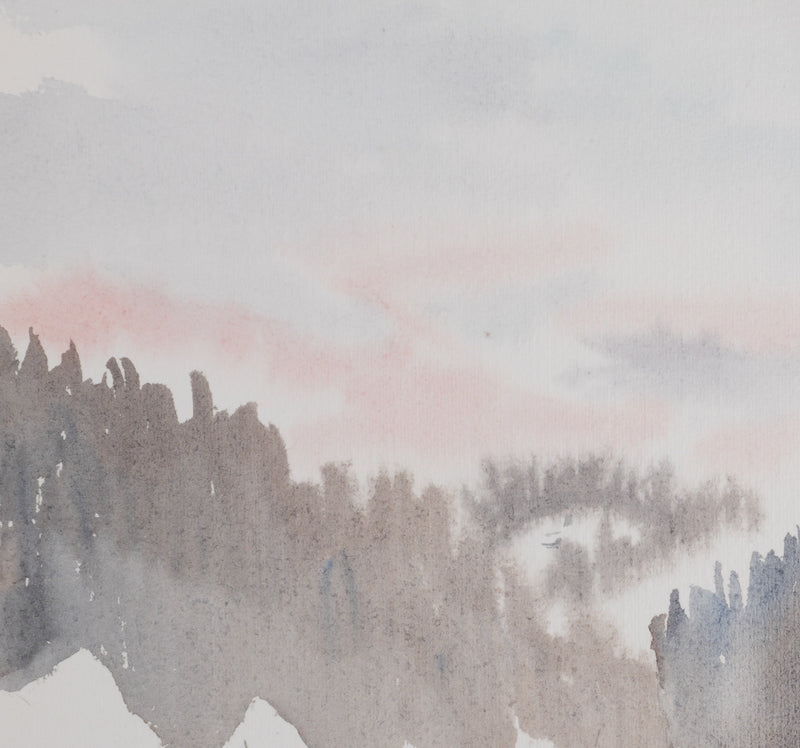 Camille COMBE : Ciel rose en montagne, Aquarelle originale signée