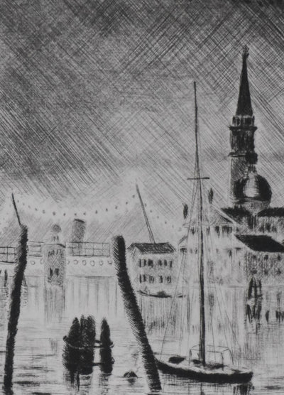 Camille COMBE : San Giorgio dans la nuit, Gravure originale signée