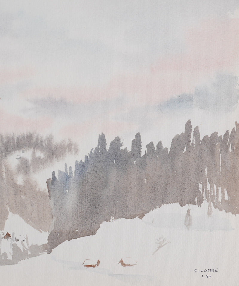 Camille COMBE : Ciel rose en montagne, Aquarelle originale signée