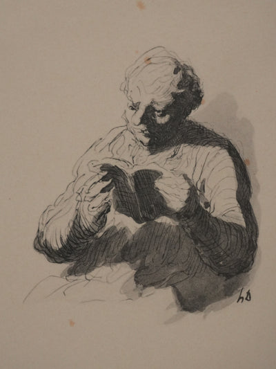 Honoré DAUMIER : Lecture nocturne, Lithographie signée