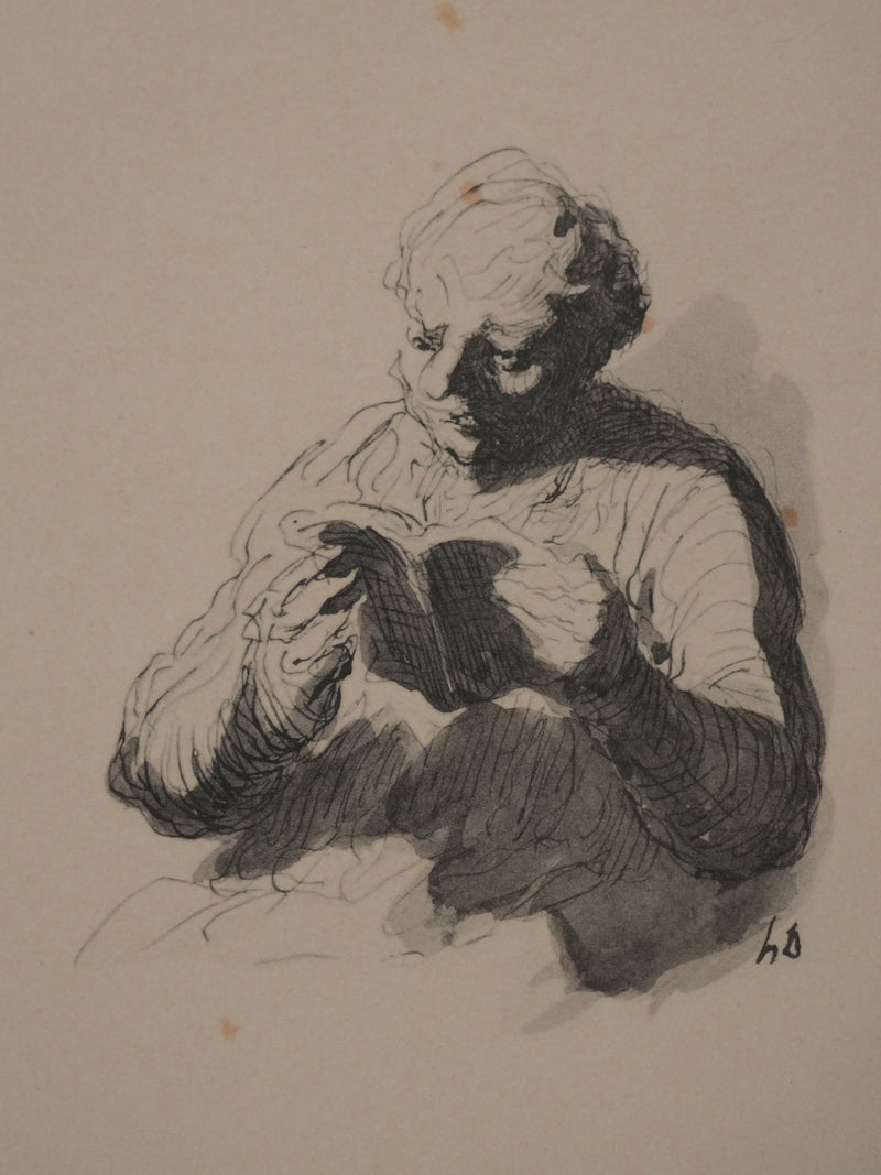 Honoré DAUMIER : Lecture nocturne, Lithographie signée