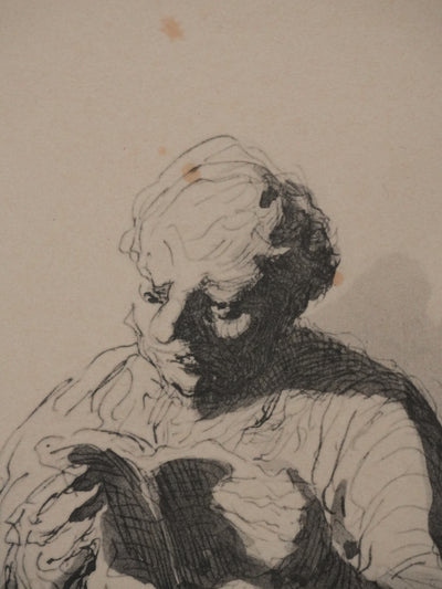 Honoré DAUMIER : Lecture nocturne, Lithographie signée