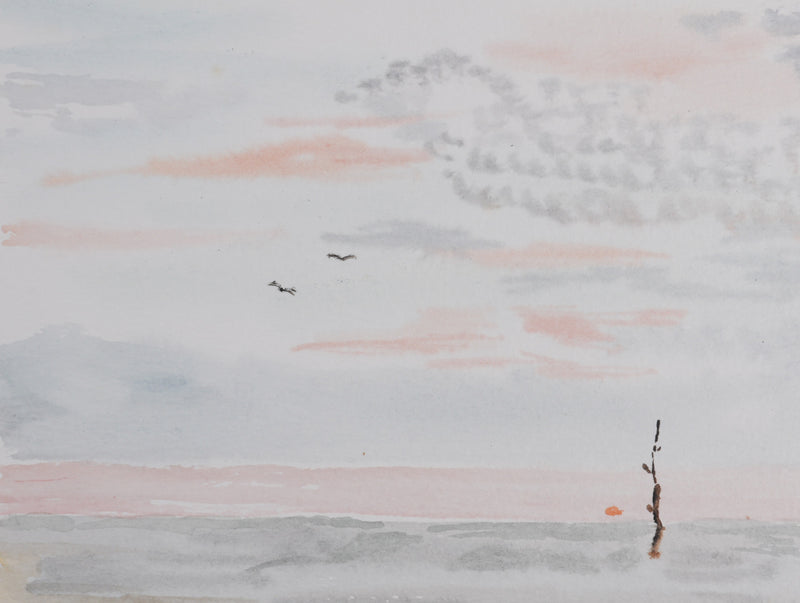 Camille COMBE : Soleil couchant, Aquarelle originale signée