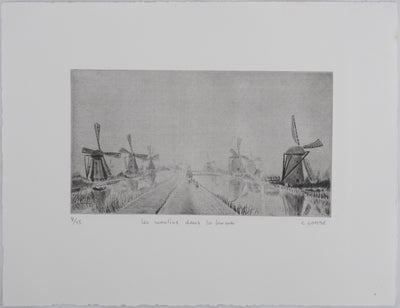 Camille COMBE : Les moulins dans la brume, Gravure originale signée