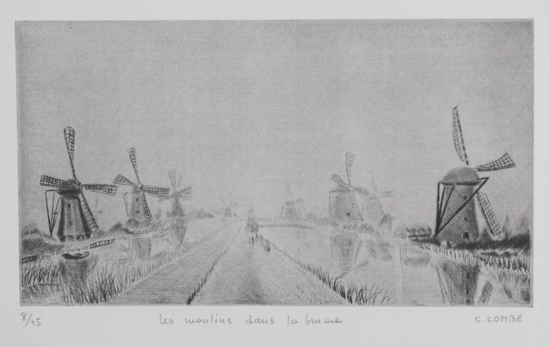 Camille COMBE : Les moulins dans la brume, Gravure originale signée