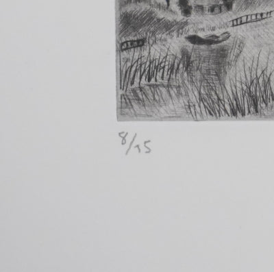 Camille COMBE : Les moulins dans la brume, Gravure originale signée