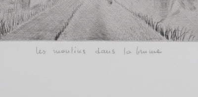 Camille COMBE : Les moulins dans la brume, Gravure originale signée