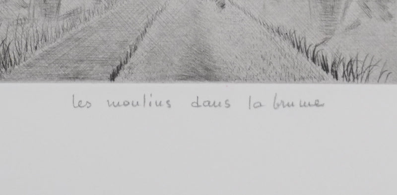 Camille COMBE : Les moulins dans la brume, Gravure originale signée