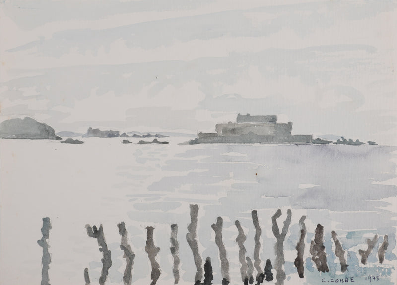 Camille COMBE : Bretagne, Saint-Malo au loin, Aquarelle originale signée
