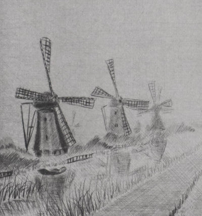 Camille COMBE : Les moulins dans la brume, Gravure originale signée