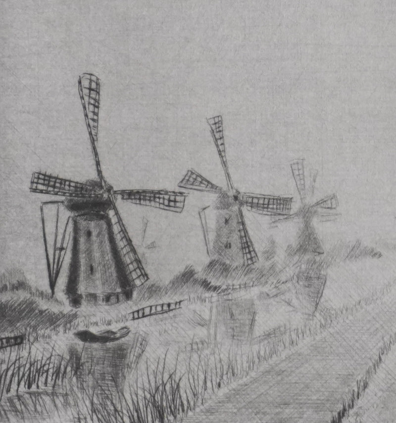 Camille COMBE : Les moulins dans la brume, Gravure originale signée