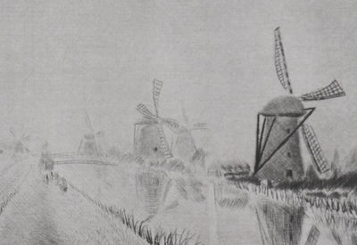 Camille COMBE : Les moulins dans la brume, Gravure originale signée