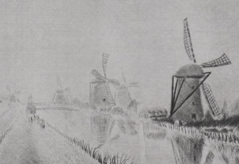 Camille COMBE : Les moulins dans la brume, Gravure originale signée