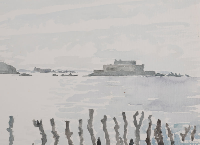 Camille COMBE : Bretagne, Saint-Malo au loin, Aquarelle originale signée