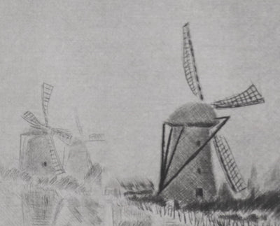 Camille COMBE : Les moulins dans la brume, Gravure originale signée