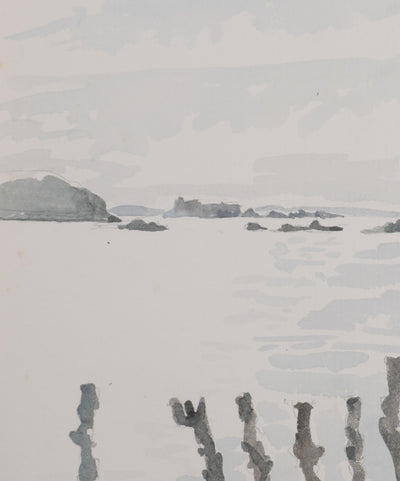 Camille COMBE : Bretagne, Saint-Malo au loin, Aquarelle originale signée