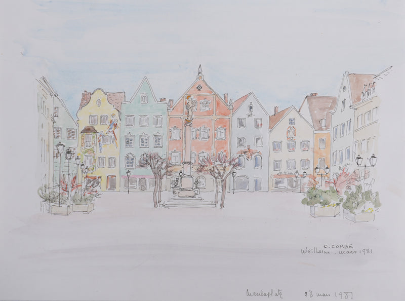 Camille COMBE : La place de Weilheim, Dessin original signé