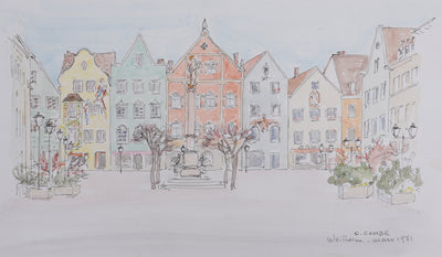 Camille COMBE : La place de Weilheim, Dessin original signé