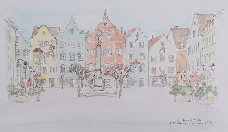 Camille COMBE : La place de Weilheim, Dessin original signé