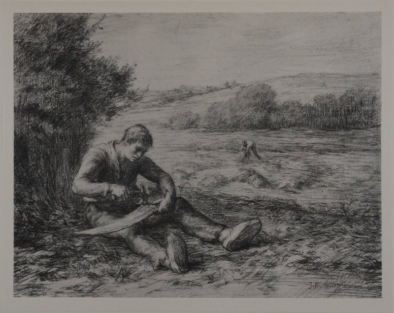 Jean-François MILLET : Paysan réparant sa faux, Lithographie signée