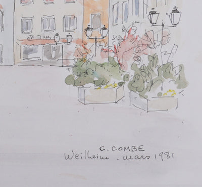 Camille COMBE : La place de Weilheim, Dessin original signé