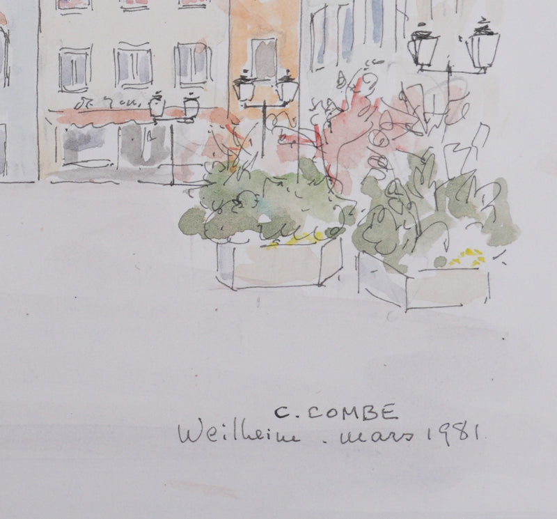 Camille COMBE : La place de Weilheim, Dessin original signé
