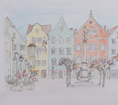 Camille COMBE : La place de Weilheim, Dessin original signé