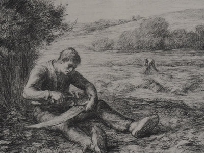 Jean-François MILLET : Paysan réparant sa faux, Lithographie signée