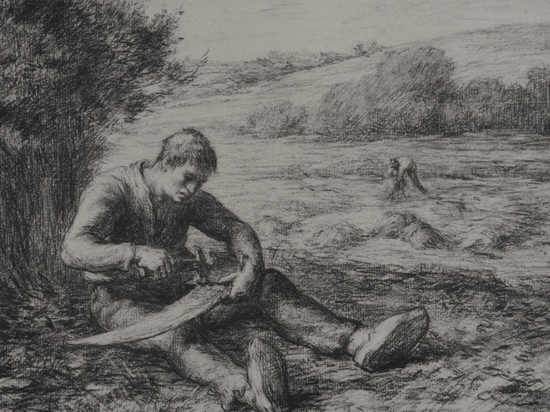 Jean-François MILLET : Paysan réparant sa faux, Lithographie signée
