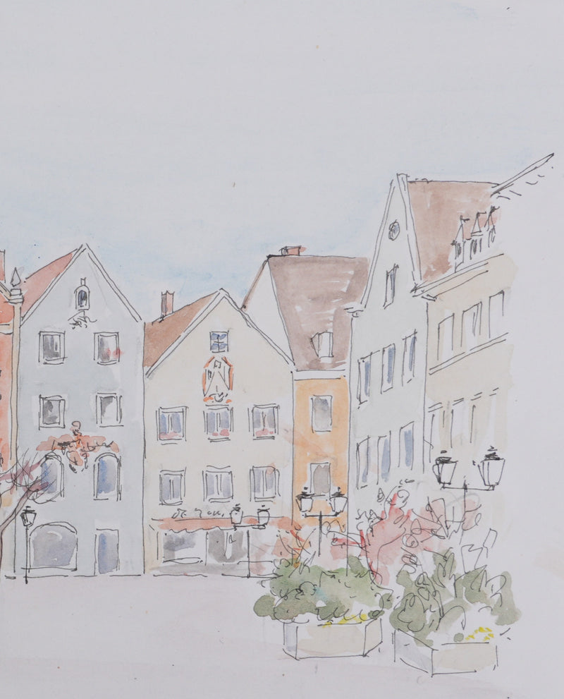 Camille COMBE : La place de Weilheim, Dessin original signé