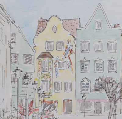 Camille COMBE : La place de Weilheim, Dessin original signé
