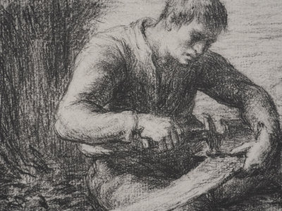 Jean-François MILLET : Paysan réparant sa faux, Lithographie signée