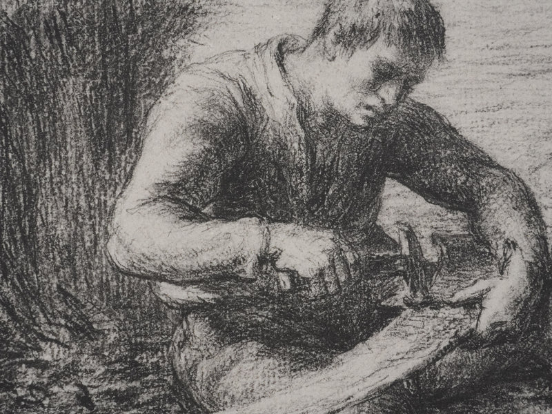 Jean-François MILLET : Paysan réparant sa faux, Lithographie signée