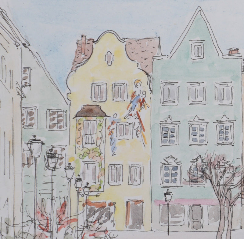Camille COMBE : La place de Weilheim, Dessin original signé