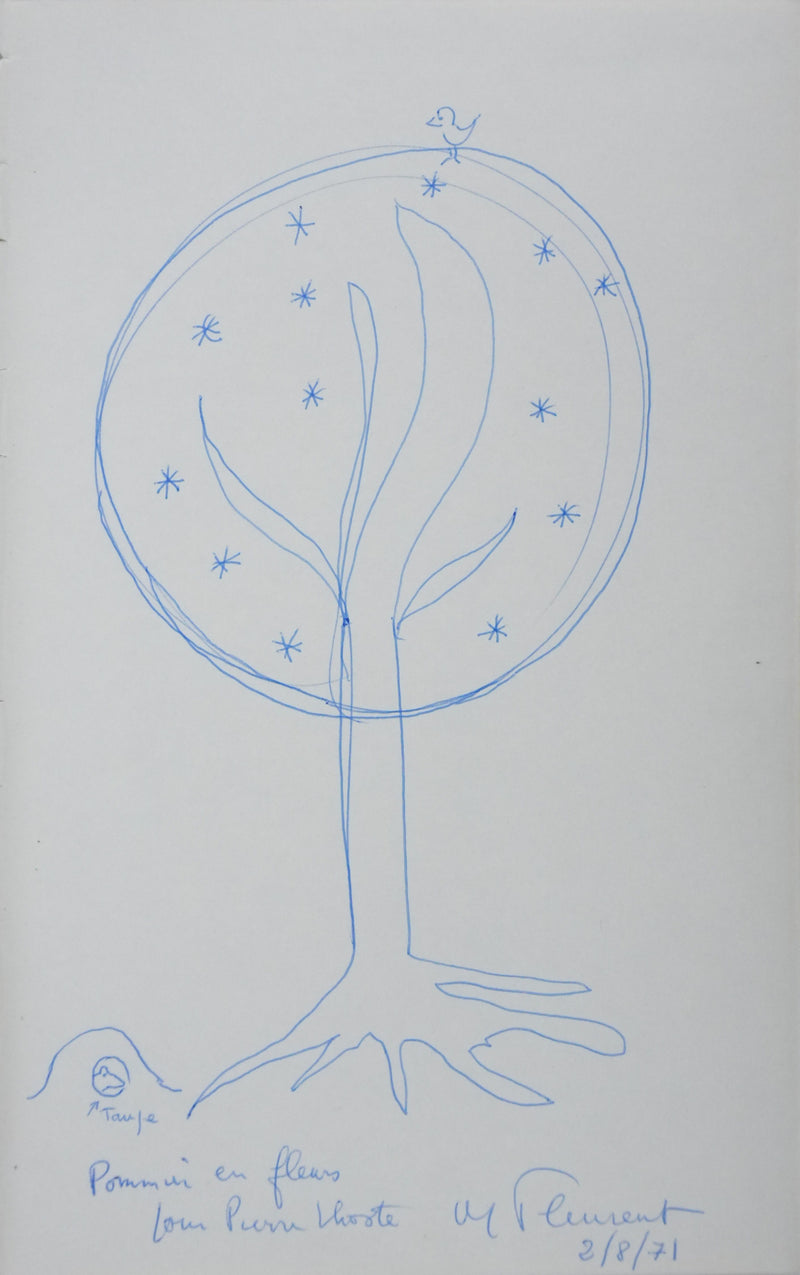 Maurice FLEURENT : Le pommier en fleurs, Autographe et dessin original signé