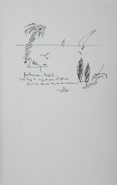 J RICHER : Palmiers et cyprès, Autographe et dessin original signé