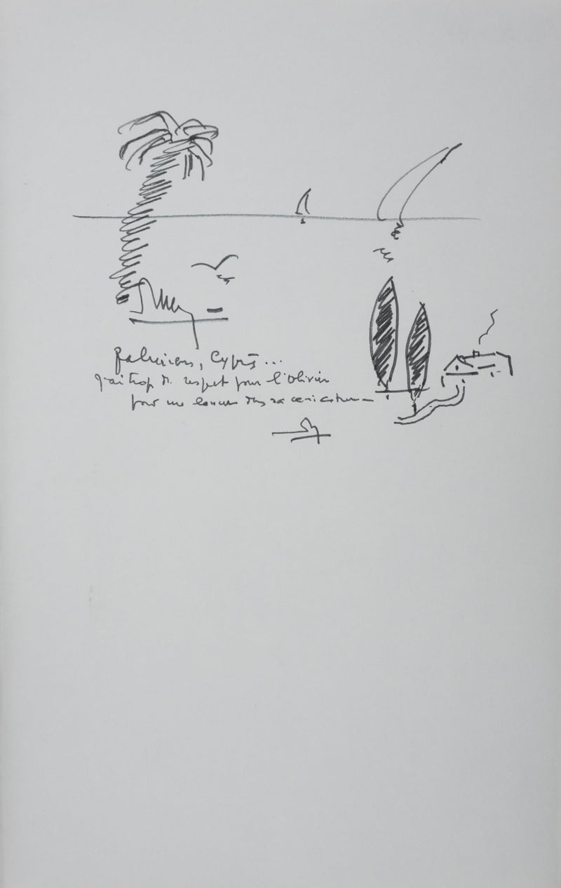 J RICHER : Palmiers et cyprès, Autographe et dessin original signé