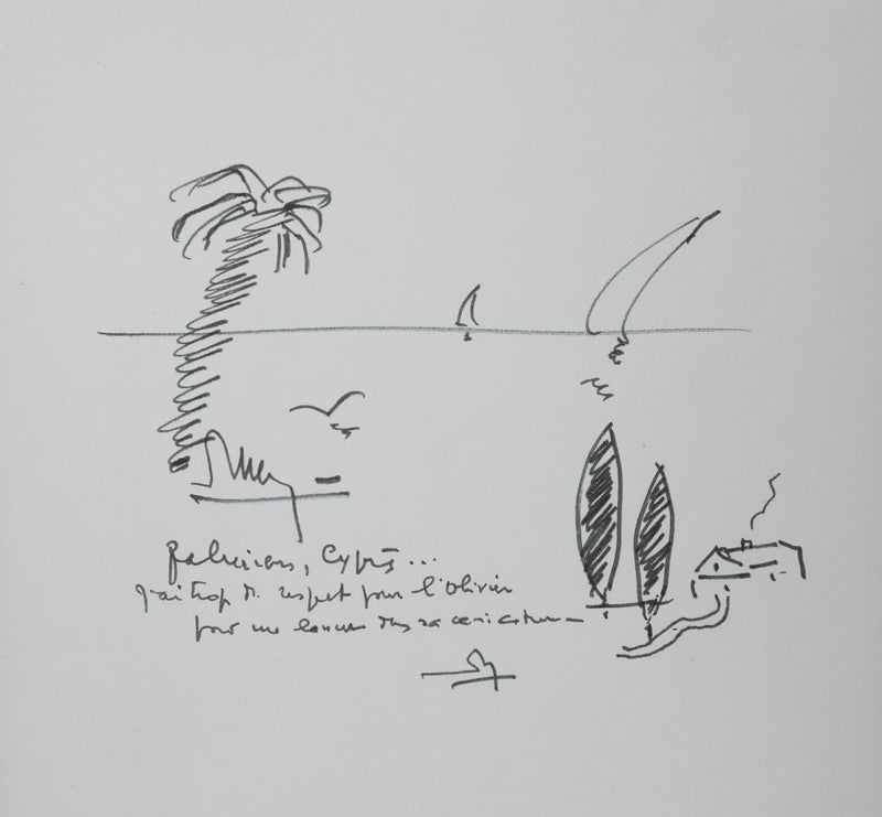 J RICHER : Palmiers et cyprès, Autographe et dessin original signé