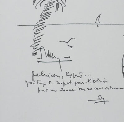 J RICHER : Palmiers et cyprès, Autographe et dessin original signé