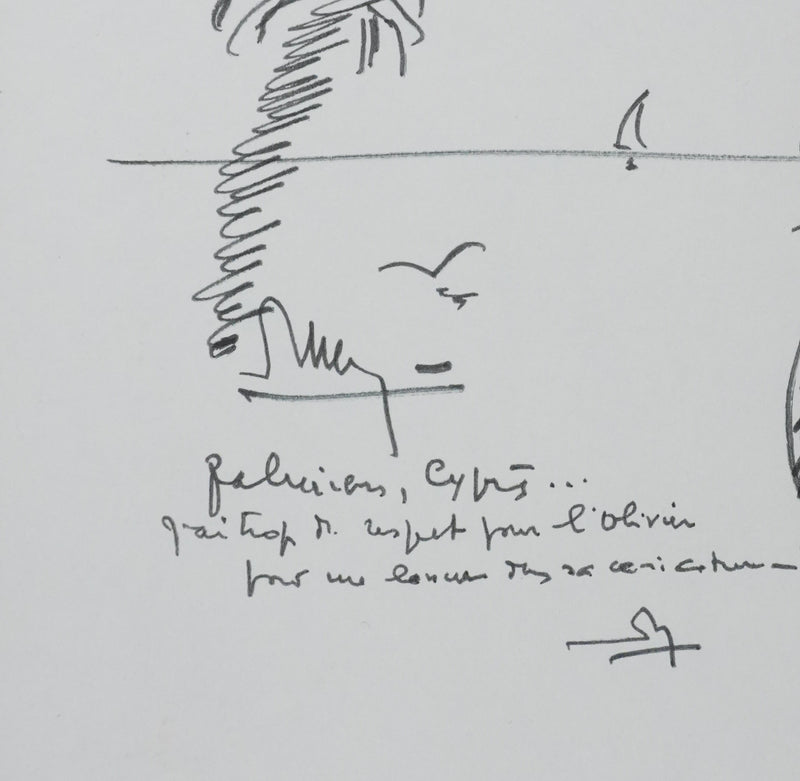 J RICHER : Palmiers et cyprès, Autographe et dessin original signé