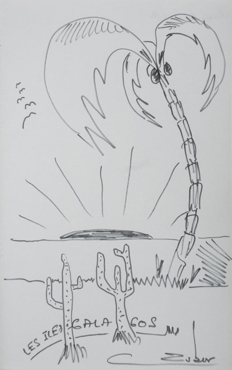 Christian ZUBER : Les iles Galapagos, Autographe et dessin original signé