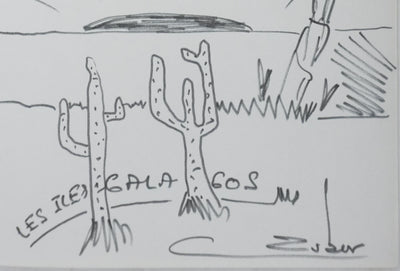 Christian ZUBER : Les iles Galapagos, Autographe et dessin original signé