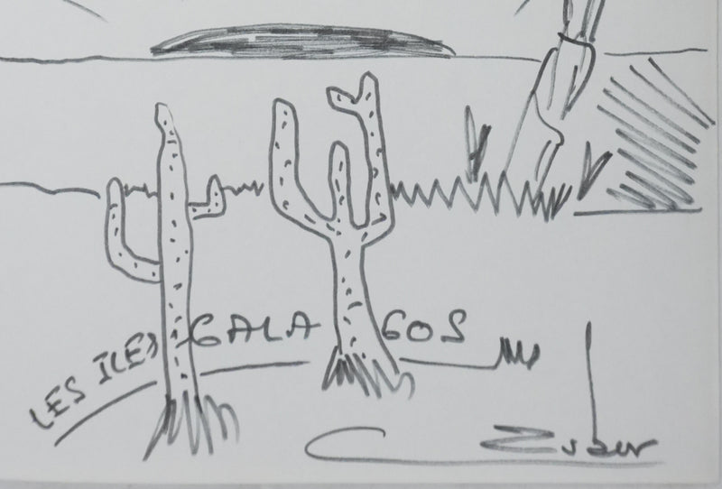 Christian ZUBER : Les iles Galapagos, Autographe et dessin original signé