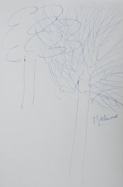 Simone GALLIMARD : La foret aux deux arbres, Autographe et dessin original signé