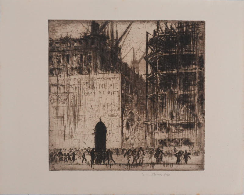 Frank BRANGWYN : Construction de la Bourse, Gravure originale signée
